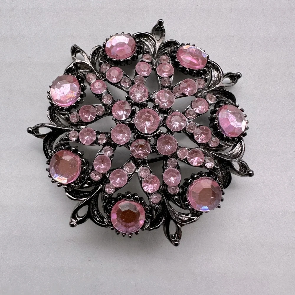 Vintage Pink Rhinestone Flower Brooch