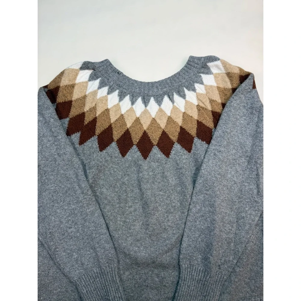St.‎ Johns Bay Mens Grey Argyle Crewneck Sweater Cozy Preppy Fair Isle Winter