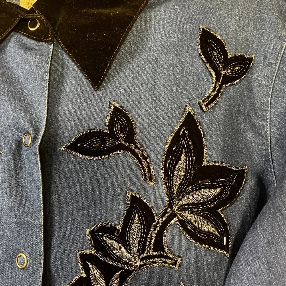Vintage Victor Costa Occasion Denim Shirt M Blue Black Velvet Floral Beaded