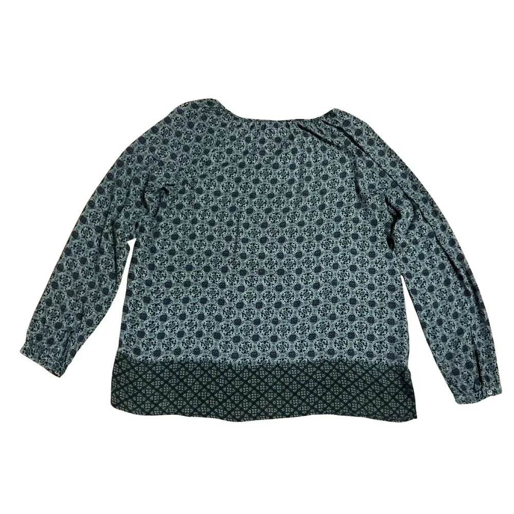 J Jill Womens Top Med Blue Geometric Boho Split Neck Long Sleeve Rayon Blouse
