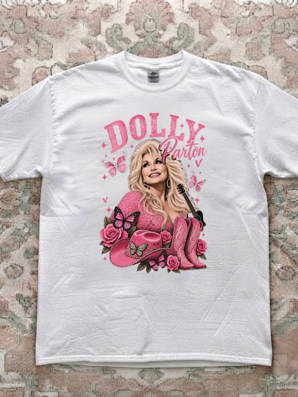 Dolly Parton Pink Cowboy Hat Boots Roses Butterflies Country Music Vintage Tee