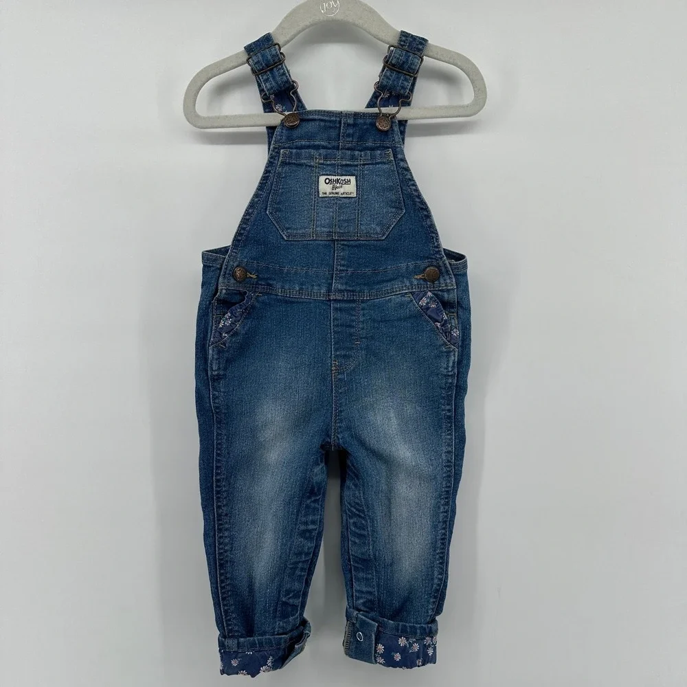 OshKosh Bgosh Girls Blue Denim Floral Trim Bib Overalls 18M 1H235510