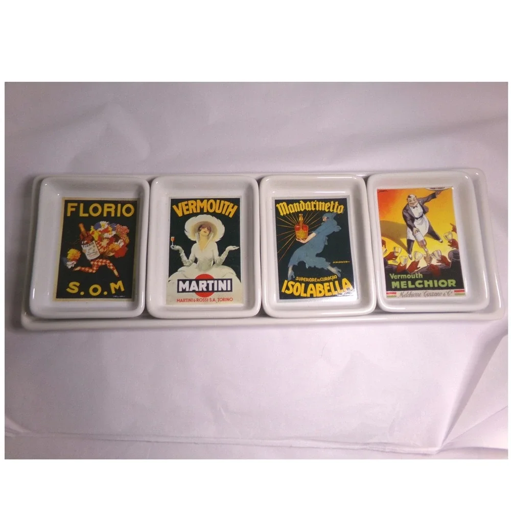 Pottery Barn Vintage Poster Appetizer Set‎ 4 Dishes & Tray Martini Florio White