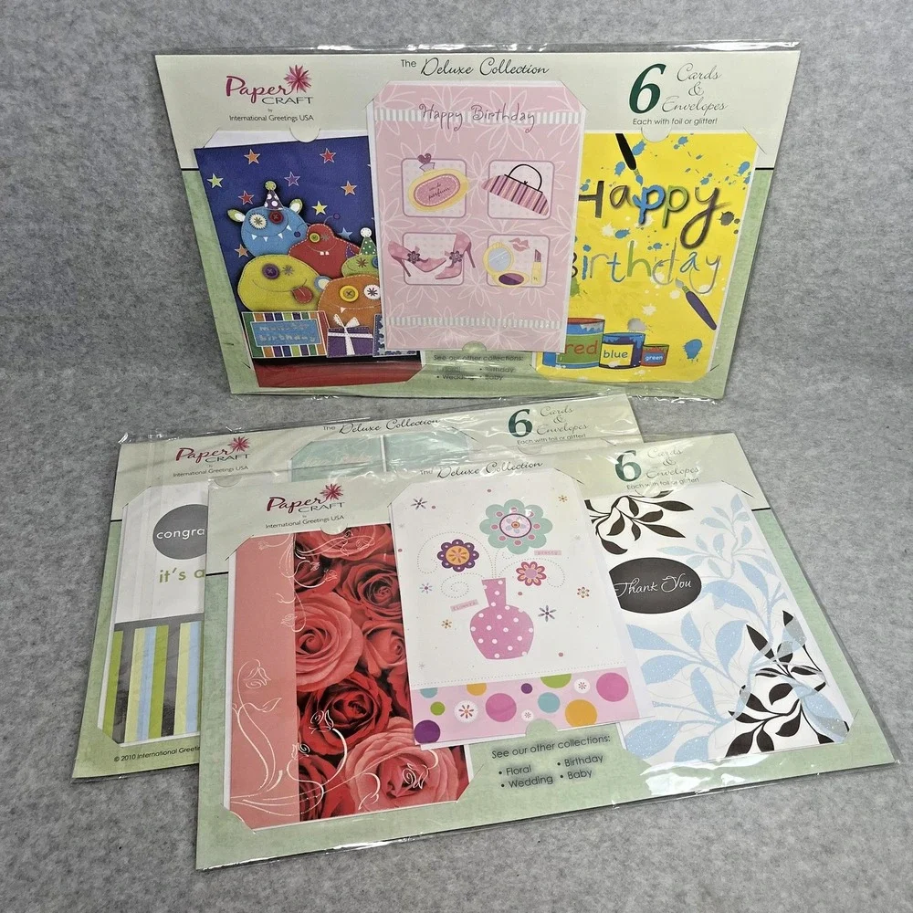 Papercraft Card Set Deluxe 6 Packs‎ Birthday Thank You Baby Floral Foil Lot of 3