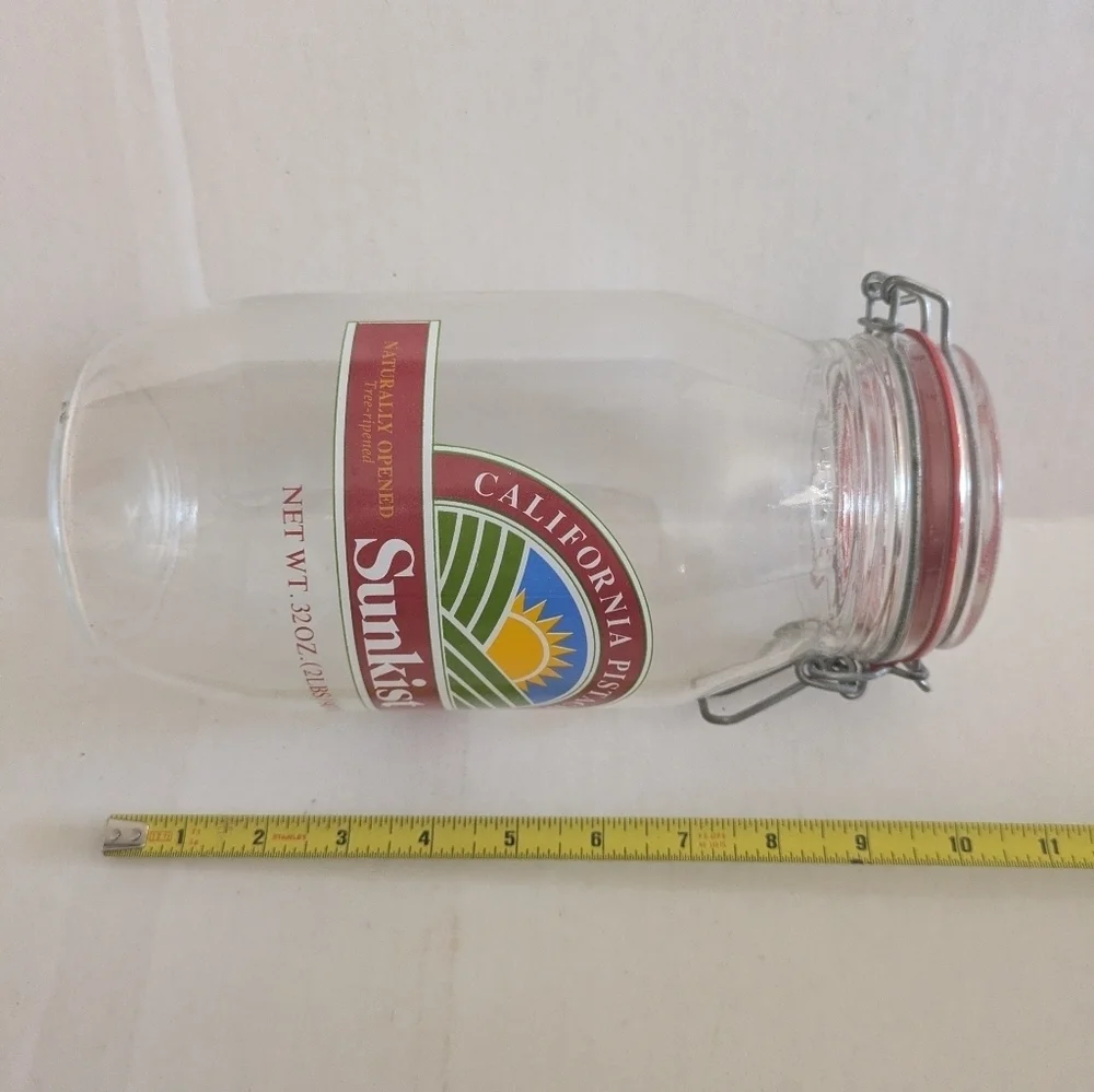 Vintage Clear Glass Jar with Snap Lid. Sunkist California Pistachios.