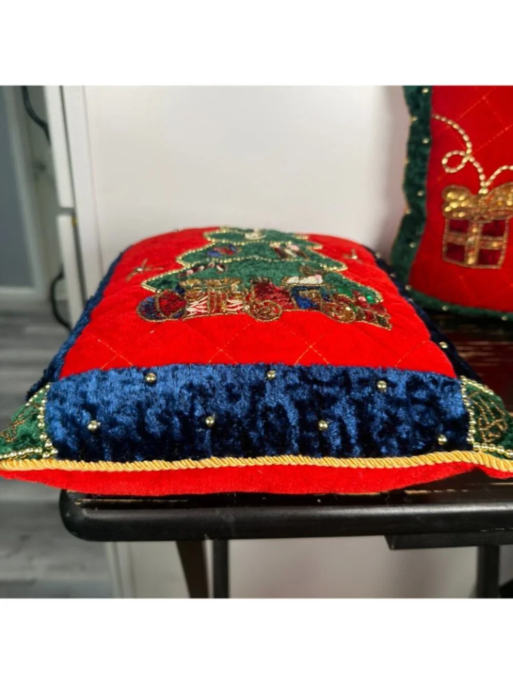 Vintage 3 crush Velvet Sequin Blue Red Green Christmas Tree Presents Pillows