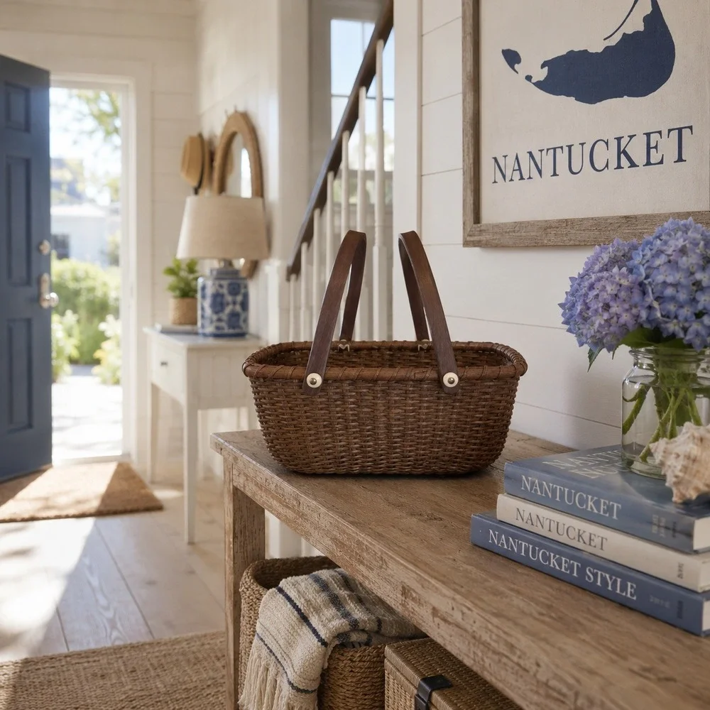 Vintage Nantucket Lightship Basket Oval Double Handle Dark Brown Woven‎
