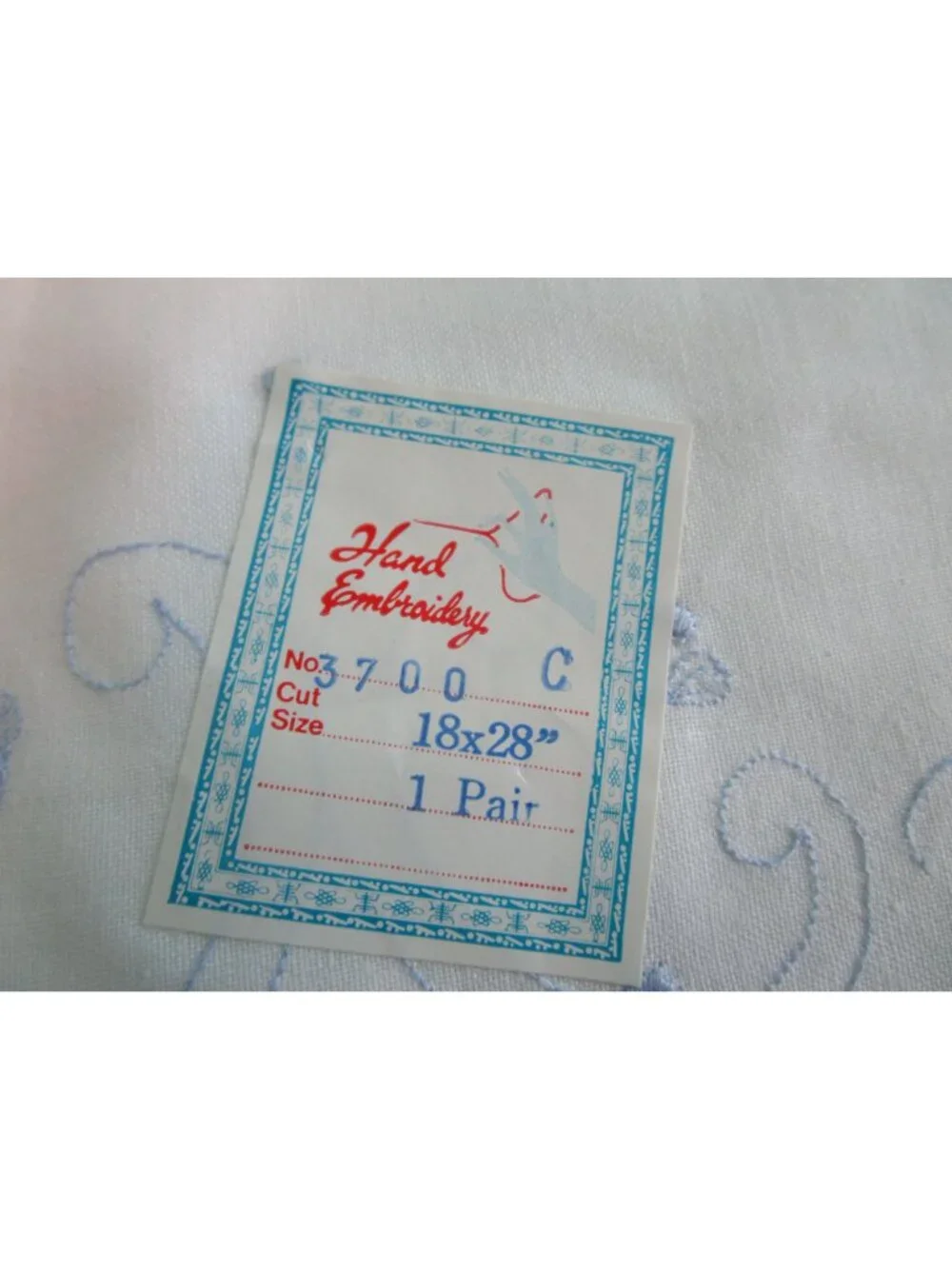 Hand Embroidered White Std Pillowcase Pair Blue Floral Design Scalloped Edges Ne