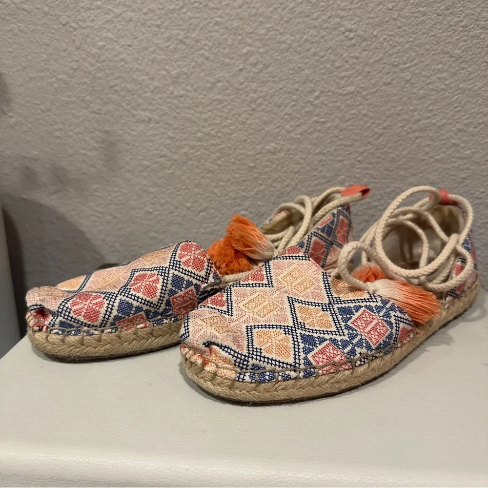 TOMS Katalina Espadrille Flats 6.5 Ankle Tie‎ Embroidered Boho