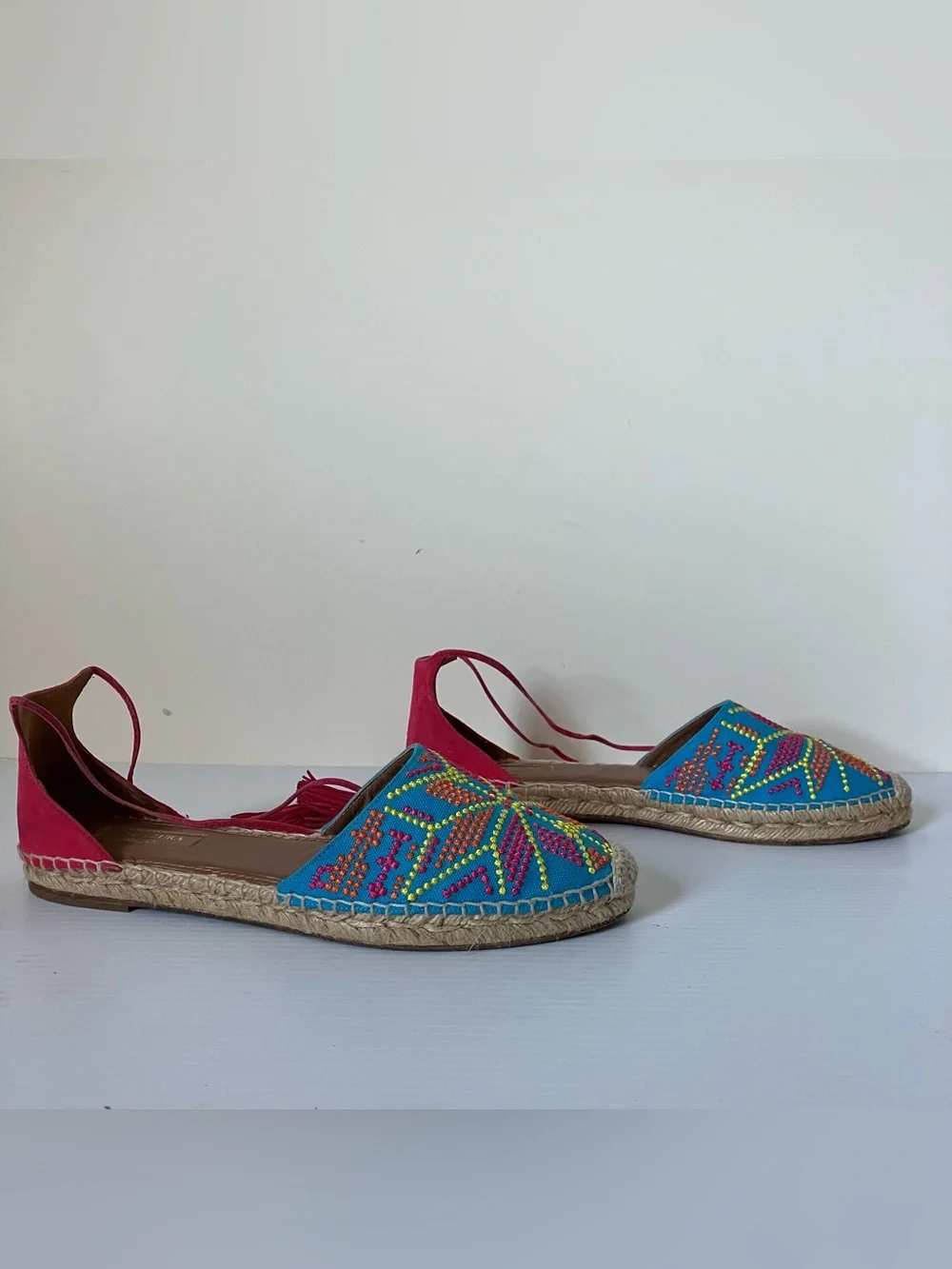Aquazzura Colorful Beaded Lace-Up Espadrilles Embroidered Resort Flats size 39.5