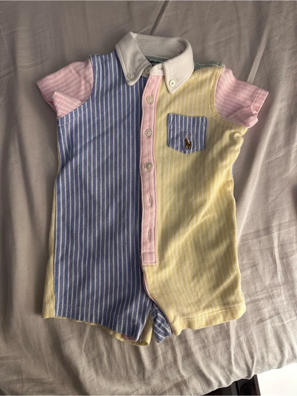 Ralph Lauren Pastel Striped Button-Front Baby Romper - Blue, Yellow & Pink