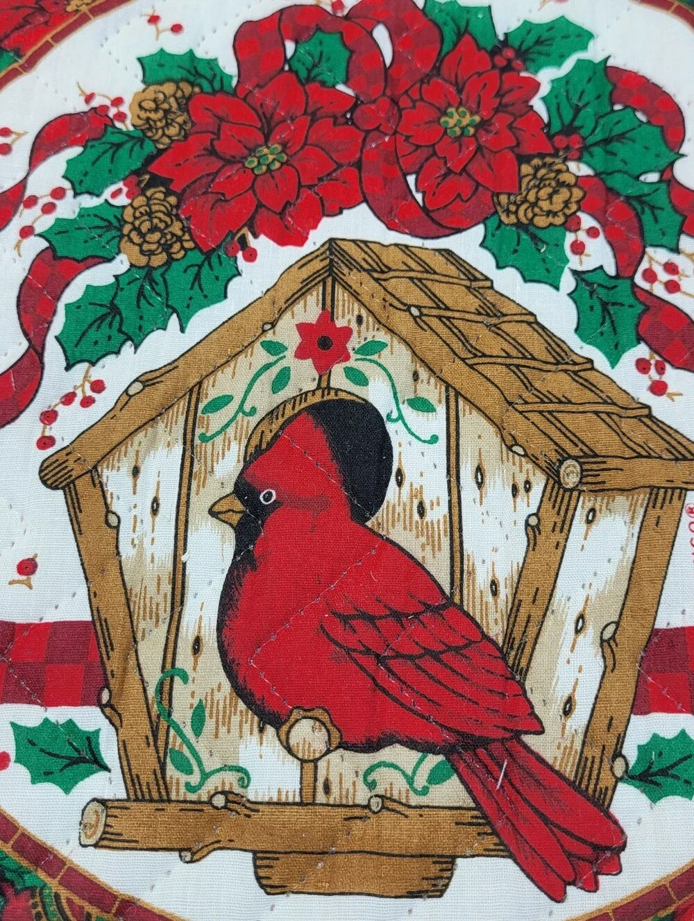 Franco Quilted Christmas Cardinal PLACEMATS Lot of 6 Birdhouse Poinsettias NOS