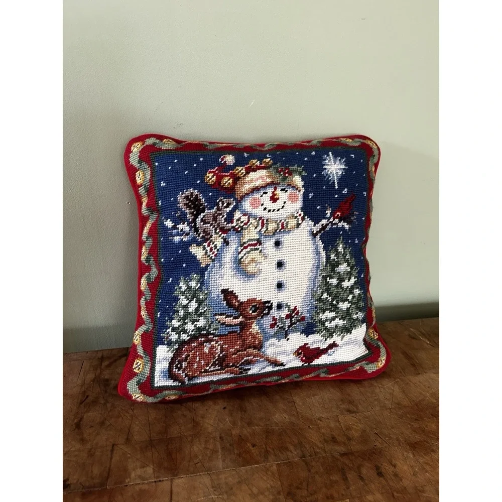 Vintage‎ Needlepoint Pillow Snowman Deer Bird Christmas Velvet Back 13