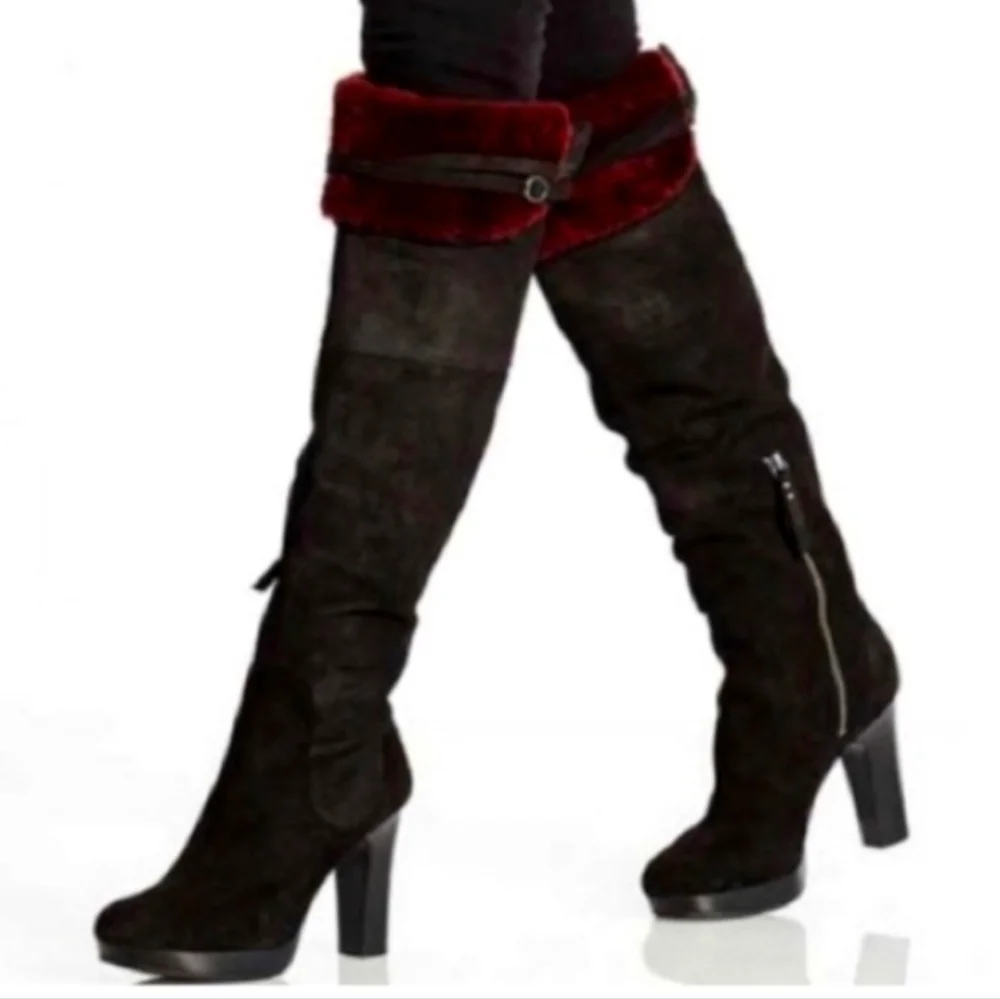 Ugg Ophira Suede Over The Knee Boots Lamb Fur Cuff Designer Heeled Boot #199