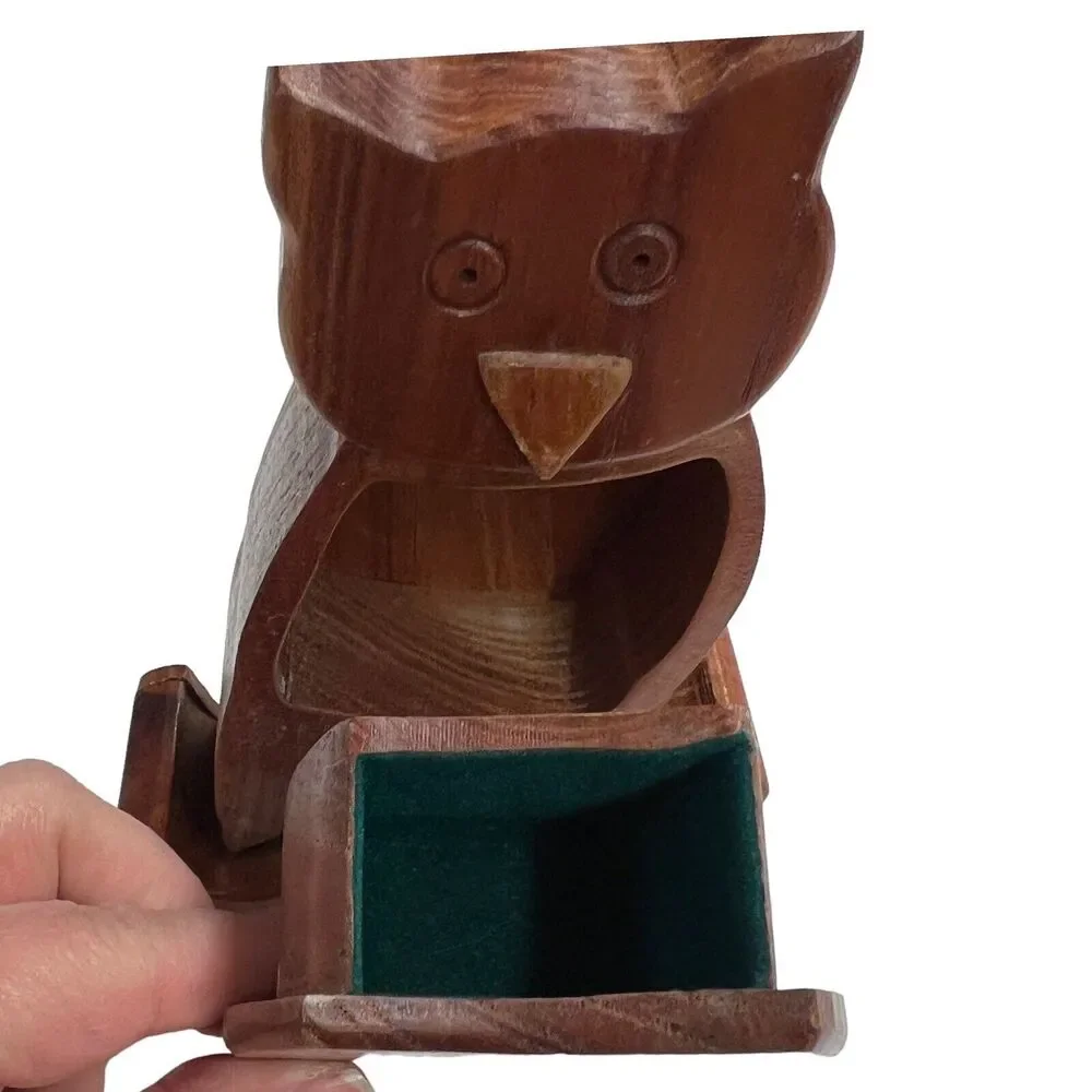 Hand-Carved Wooden Owl Puzzle Box 2- Pieces Hidden Drawers Jewlery Box‎