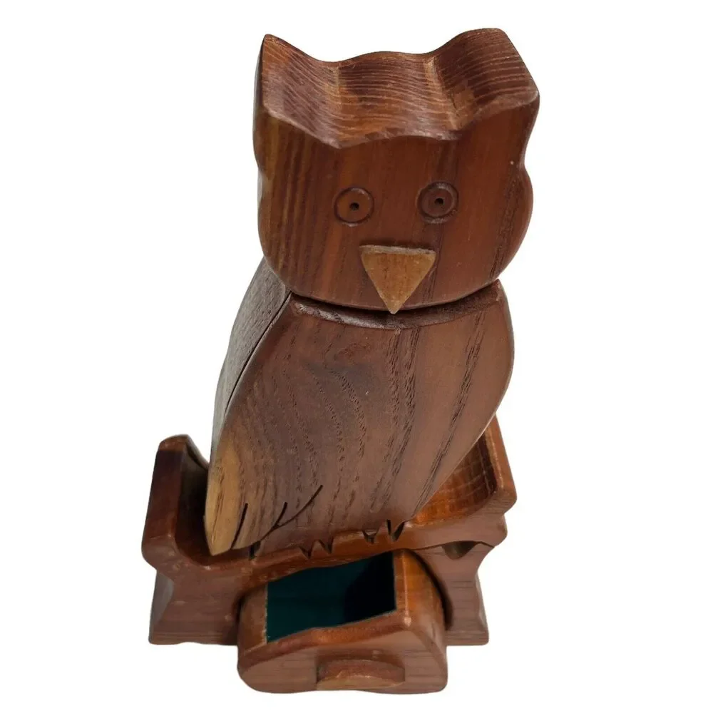 Hand-Carved Wooden Owl Puzzle Box 2- Pieces Hidden Drawers Jewlery Box‎