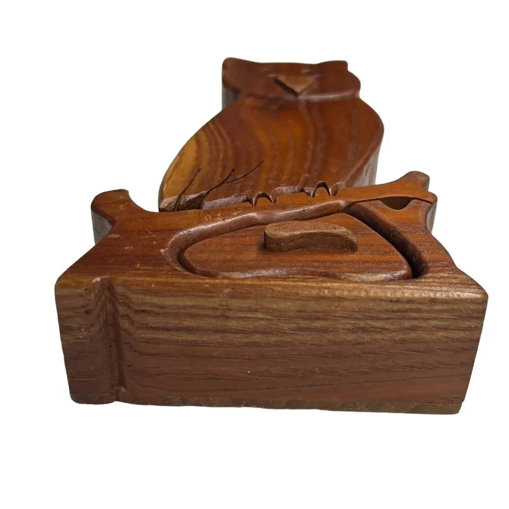 Hand-Carved Wooden Owl Puzzle Box 2- Pieces Hidden Drawers Jewlery Box‎