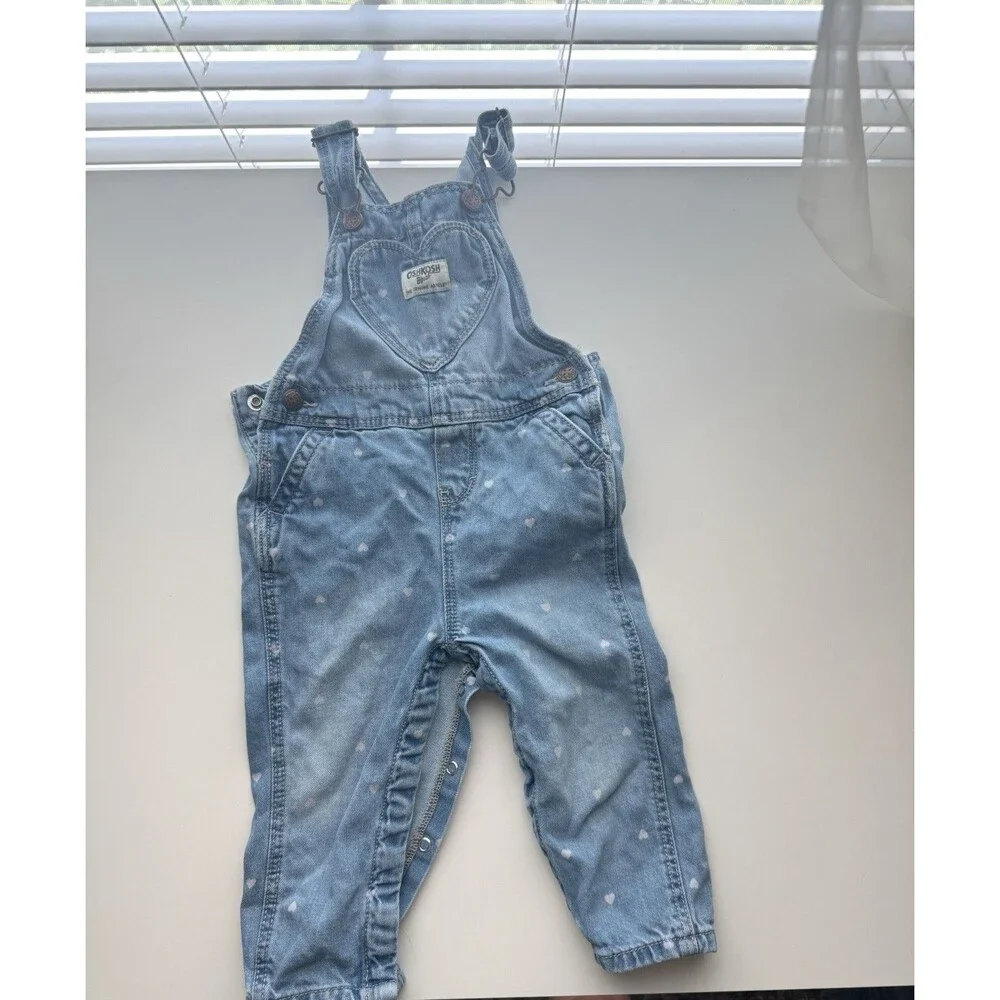 OshKosh B'Gosh Hearts Blue Denim Overalls Girls Size 18M