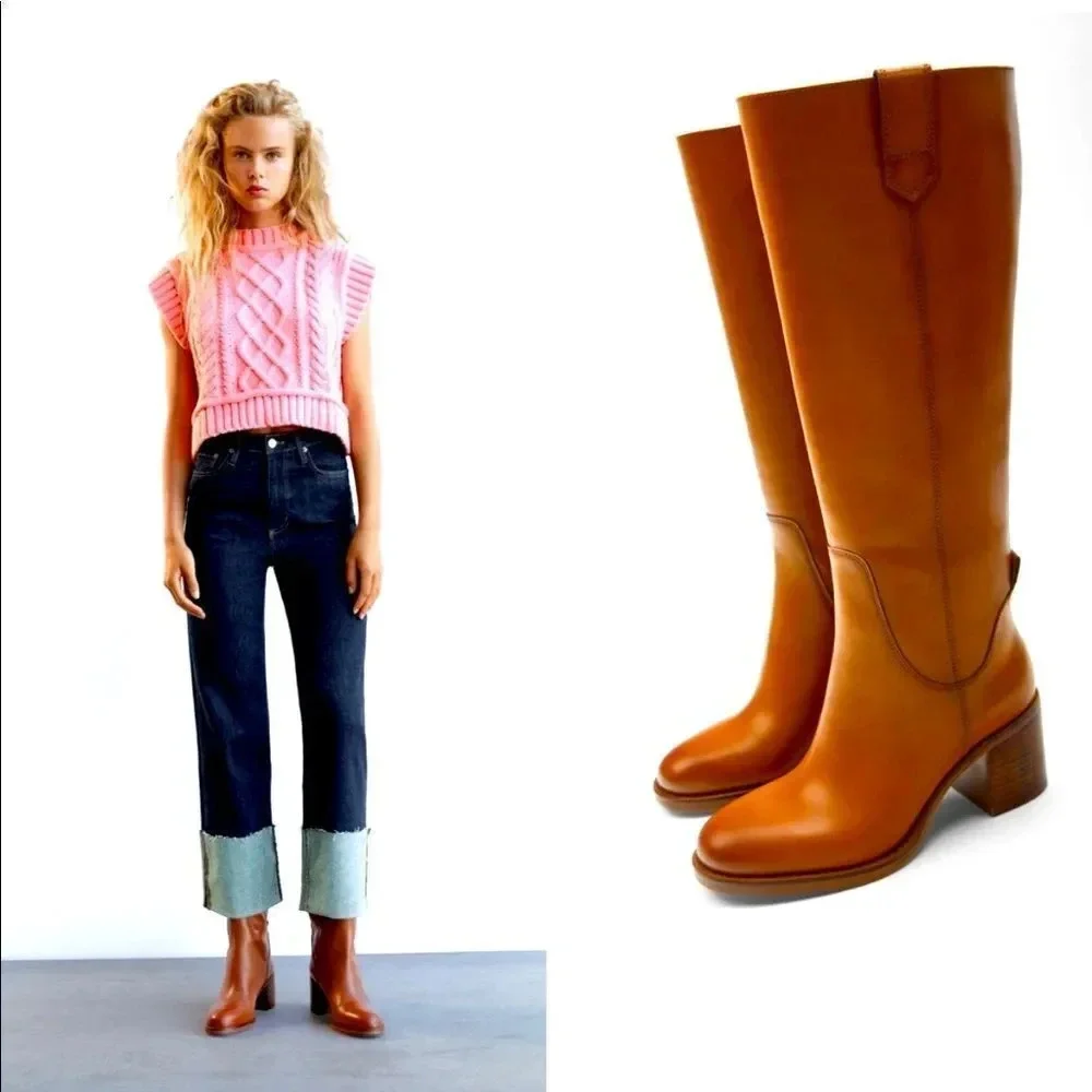 NWOT Zara Cognac Leather Block Heel Knee High Boots