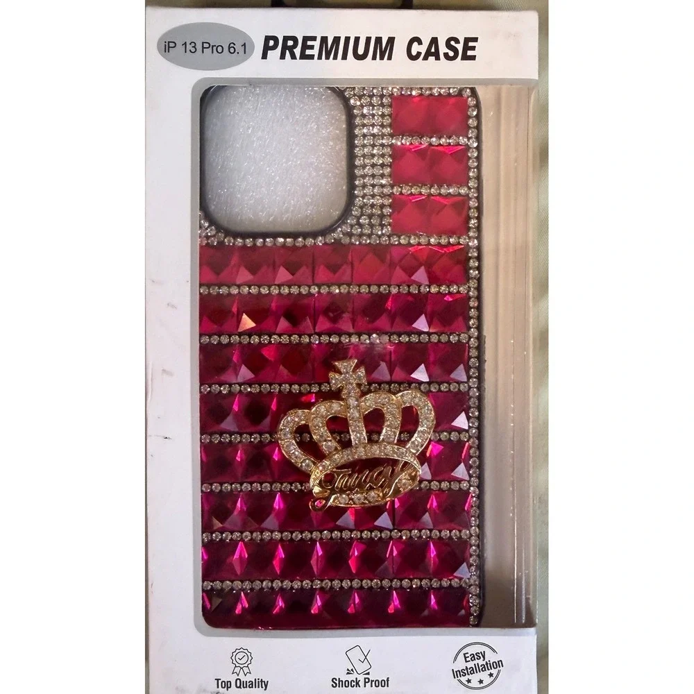 Pink Rhinestone Bling Crown Case for iPhone 13 Pro 6.1 Gold Tiara Crystal Cover