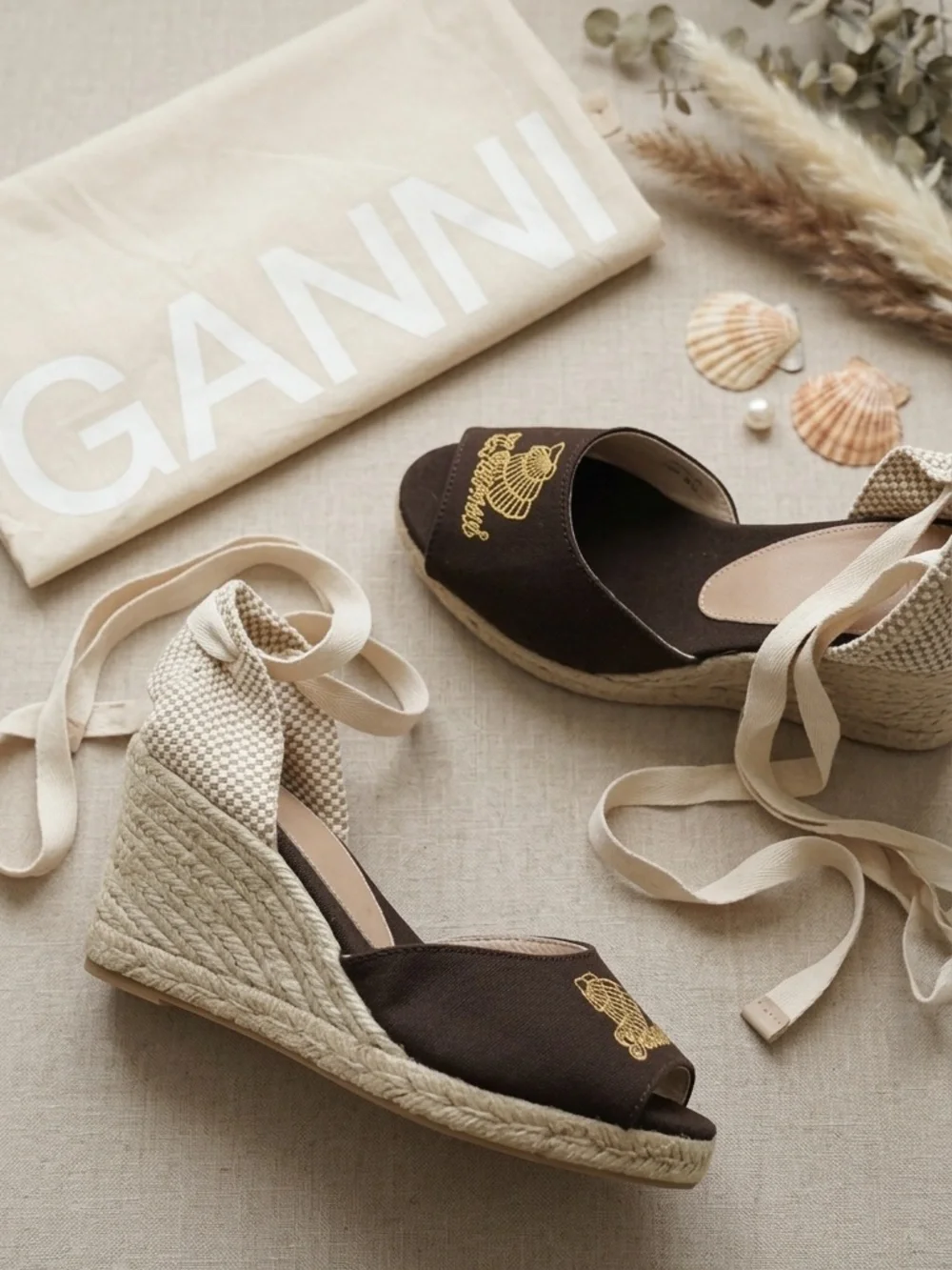 GANNI High Summer Embroidered Espadrille Wedge Sandals 9 NIB