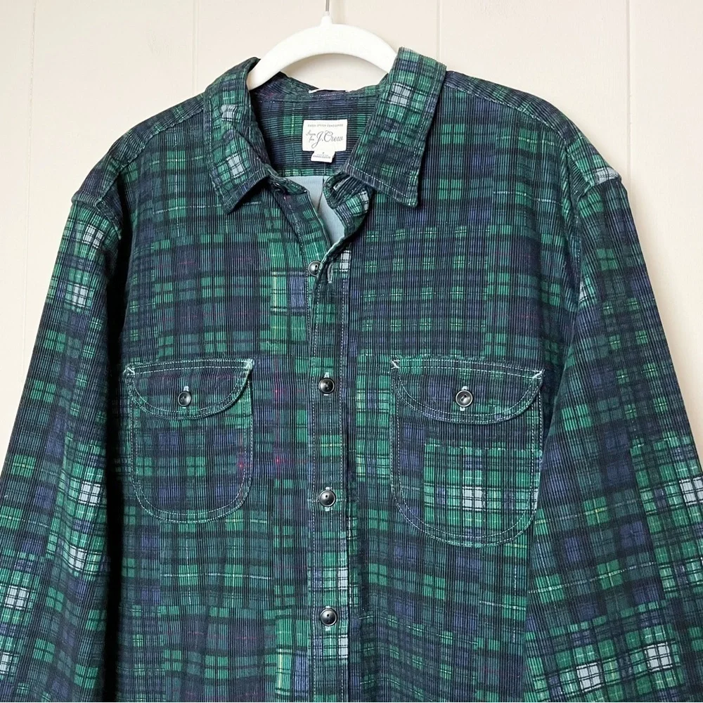 J. Crew Garment Dyed Corduroy Workshirt Large blue green plaid shirt shacket‎