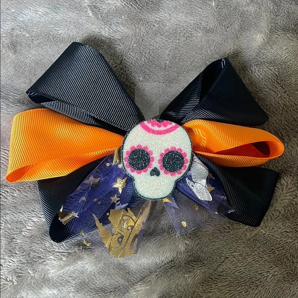 Black and Orange Skull Hair Bow Halloween glitter tulle nwt