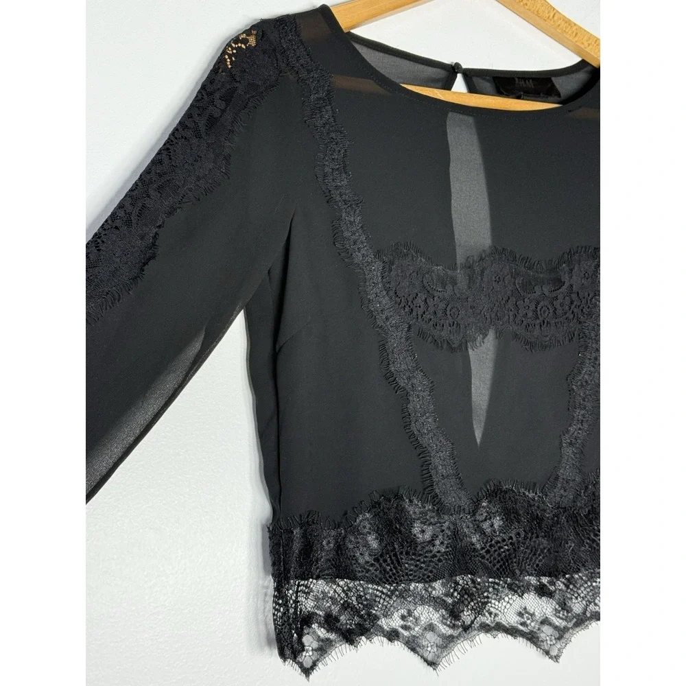 H&M Black Sheer Lace Whimsigoth Witchy Floral Boho Long Sleeve Top Size 2