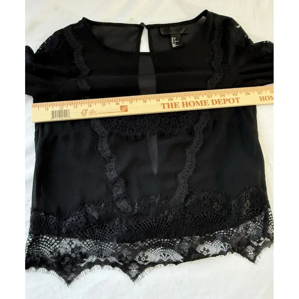 H&M Black Sheer Lace Whimsigoth Witchy Floral Boho Long Sleeve Top Size 2