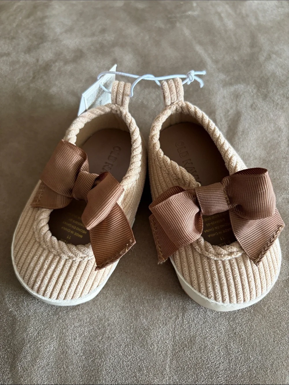 Old Navy Beige Corduroy Slip-On Shoes with Brown Bows