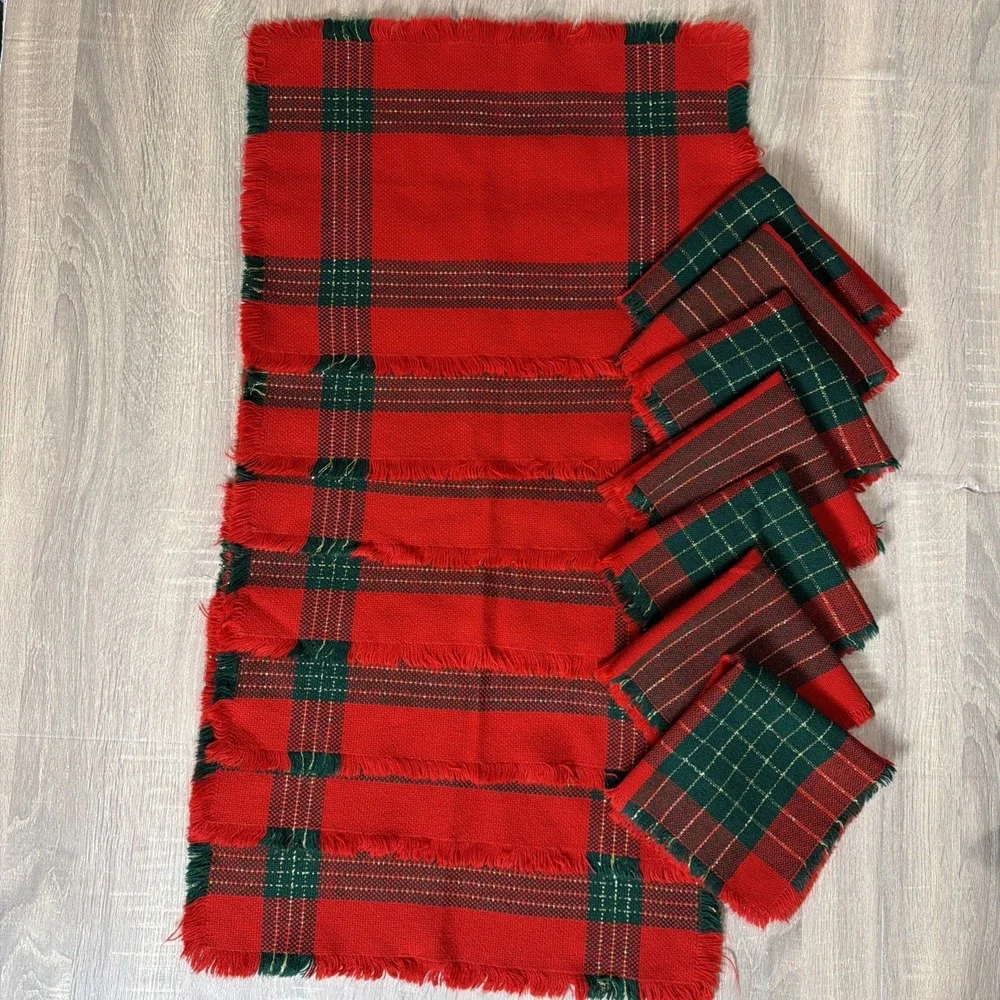 Set 14 Christmas Plaid Tartan 7 Placemats 7 Napkins Red Green Gold Woven Fringe