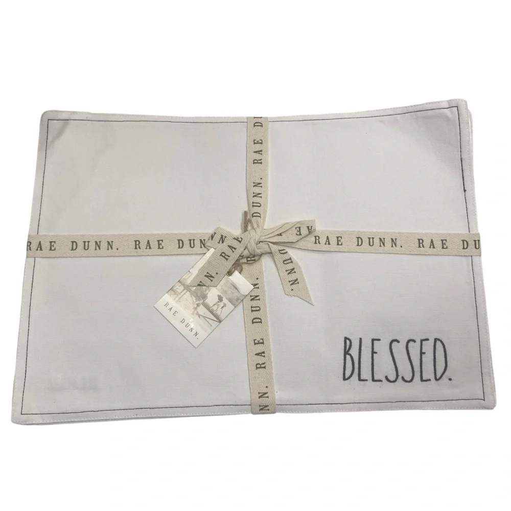 Rae Dunn 4 Embroidered Placemat Set BLESSED 13x19