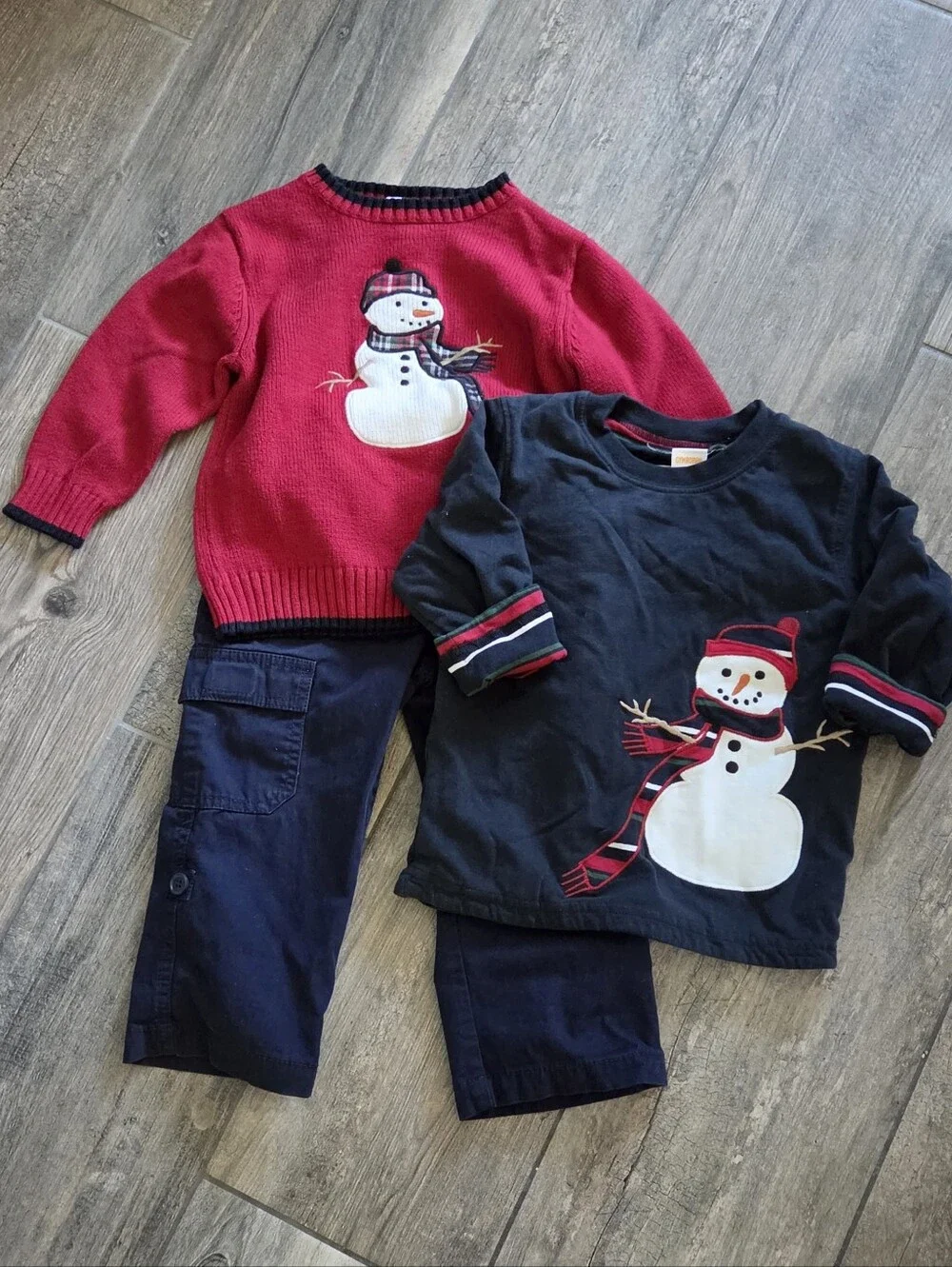 Gymboree EUC 2T Red Snowman Sweater, Navy Reversible Striped Tee and Cargo Pants