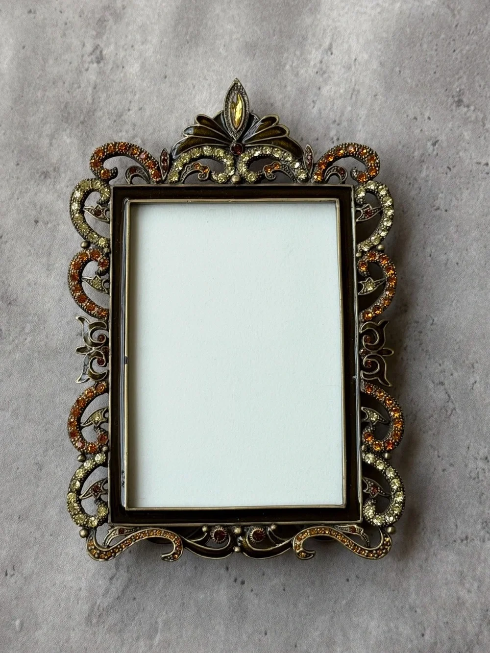 Tizo Jeweled Metal Picture Frame Amber & Champagne Crystal Ornate Baroque 5x7.5