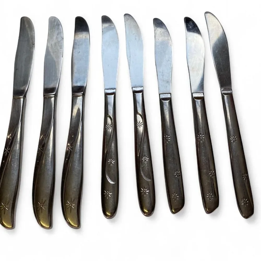 Vintage MCM Midcentury Modern Whimsigoth Set of 8 Silver Knifes Boho Star Motifs