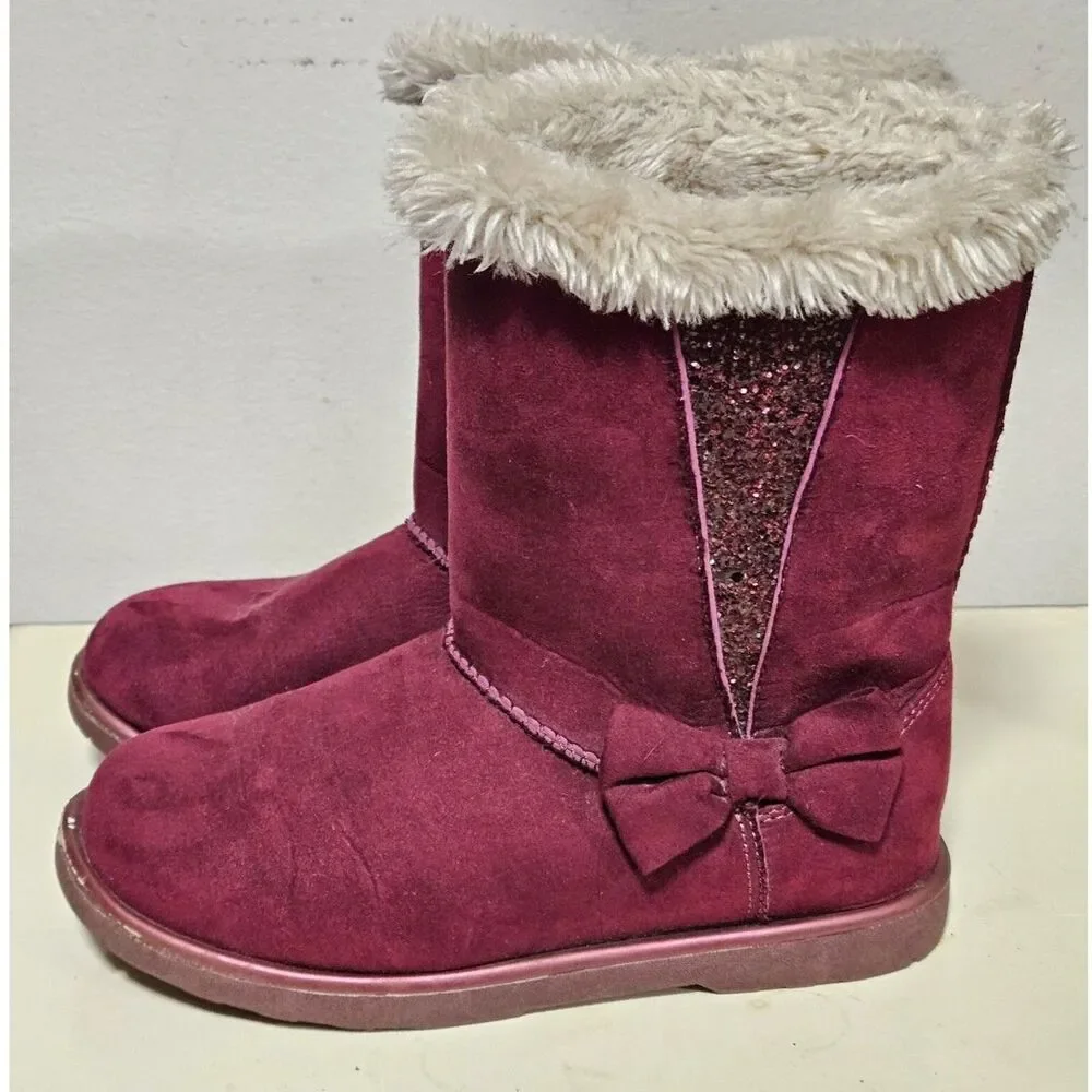 SO Sophia Burgundy Faux Fur Girls Winter Boots Side Bow Toddler Kid Size 2