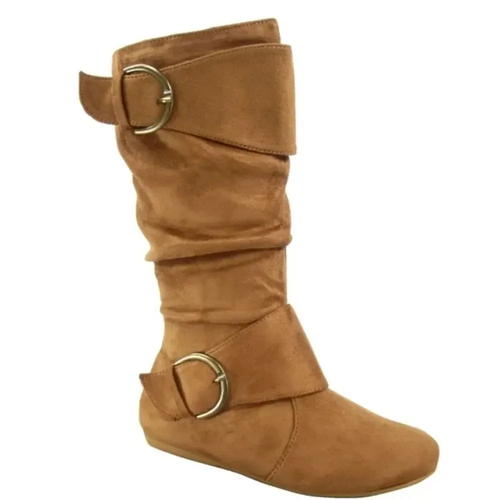 LINK ZIPPER BUCKLE SLOUCH CASUAL FLAT HEEL MID CALF ROUND TOE BOOTIES