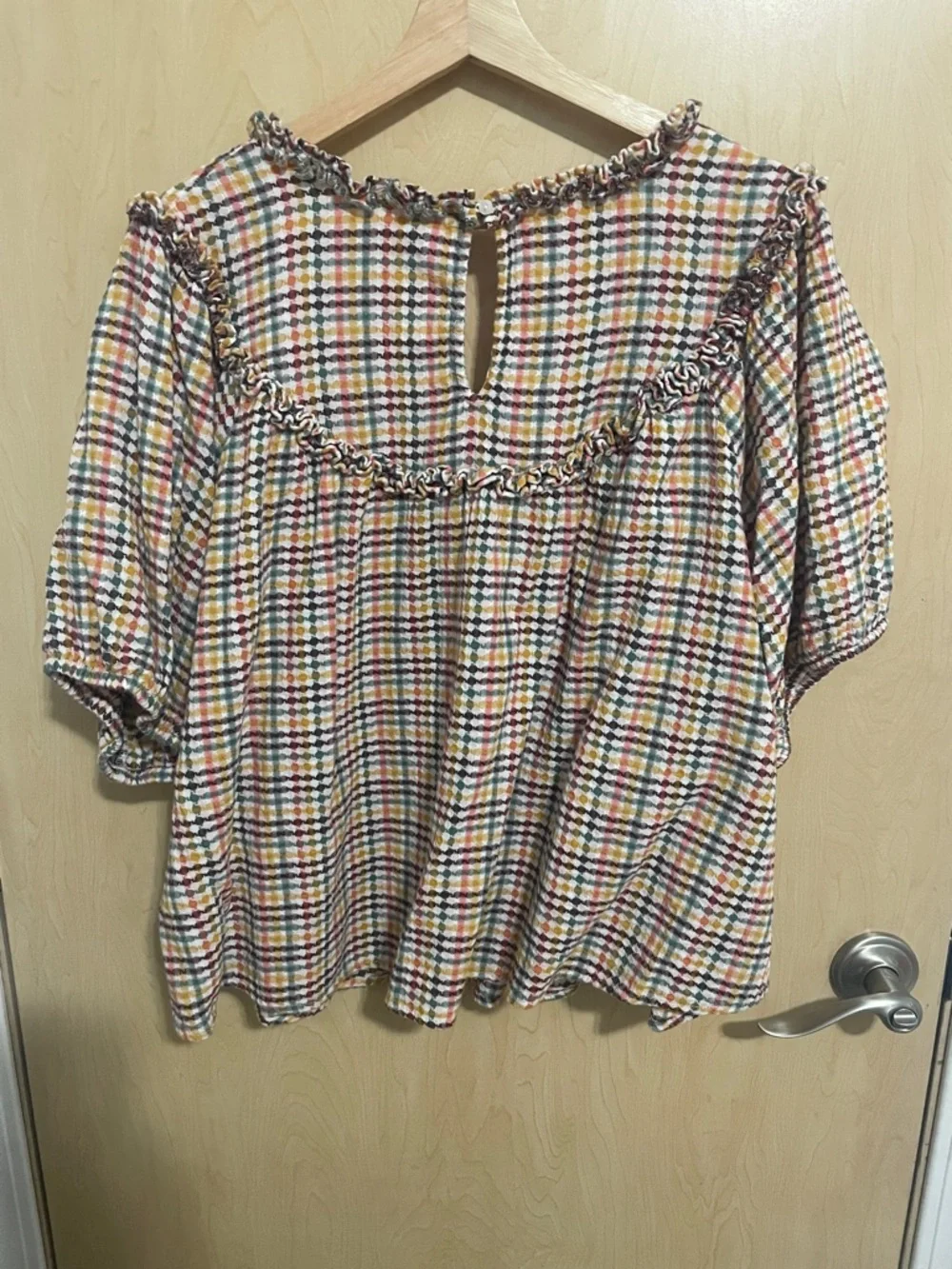 Old Navy Women’s Western Boho Textured Plaid Ruffle-Trim Peasant Top XL 🌼 🤎