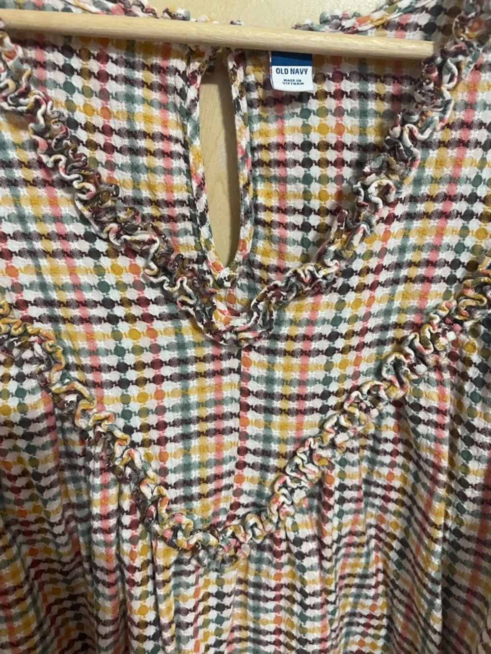 Old Navy Women’s Western Boho Textured Plaid Ruffle-Trim Peasant Top XL 🌼 🤎