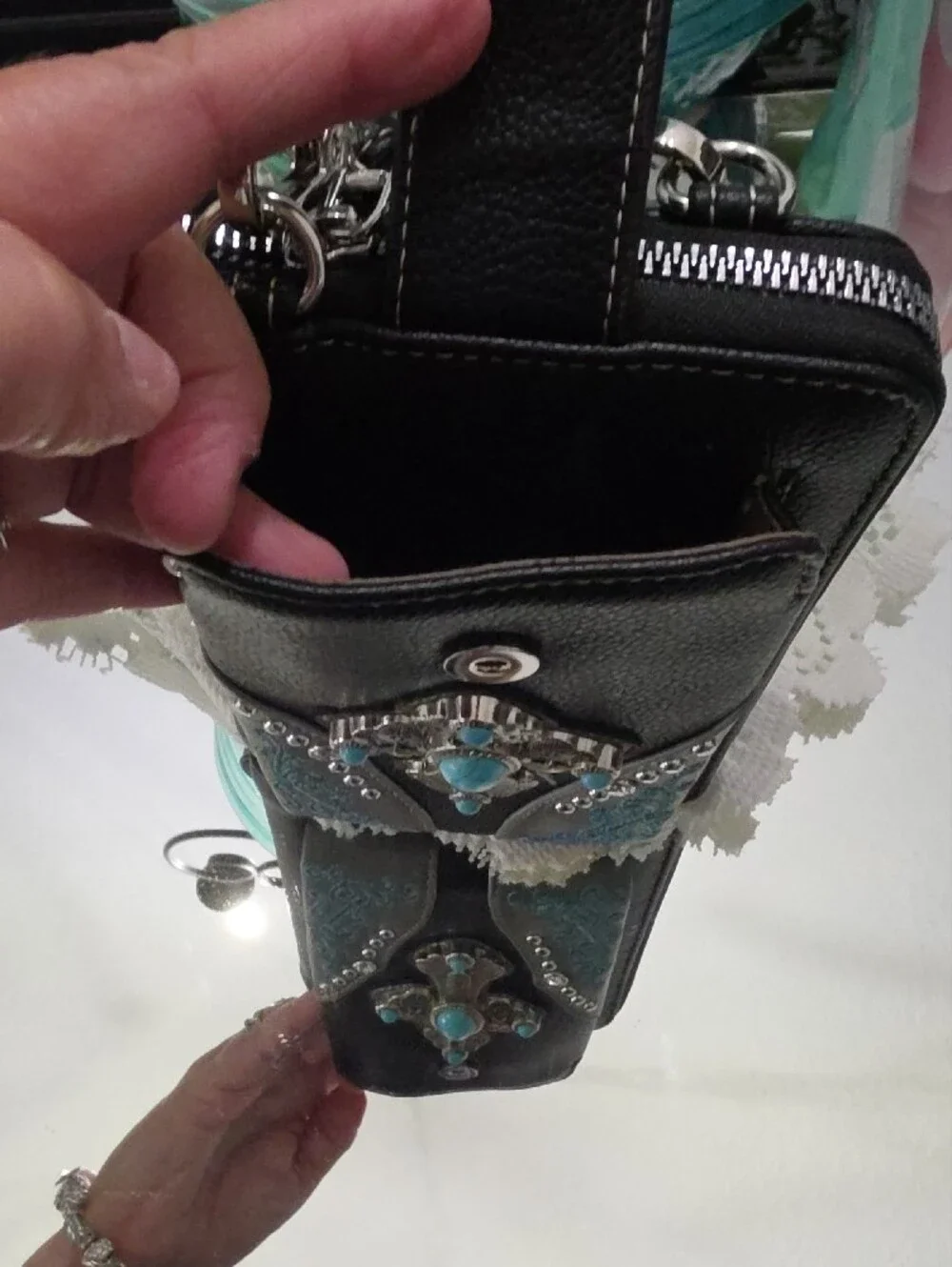 Montana West Black Phone Wallet Case with Turquoise Cross Accent And Crossbody