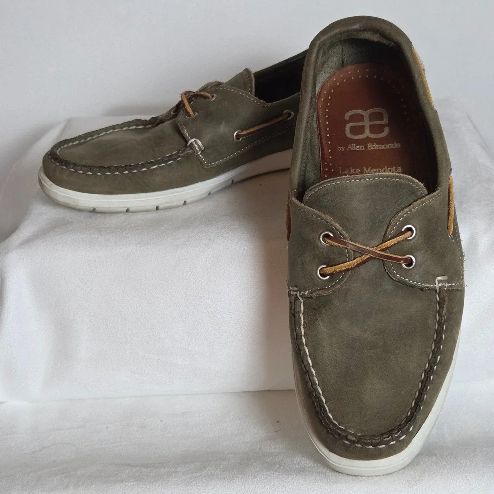 Allen Edmonds Lake Mendota Mens 7.5‎ E Olive Green Nubuck Boat Shoes Nautical