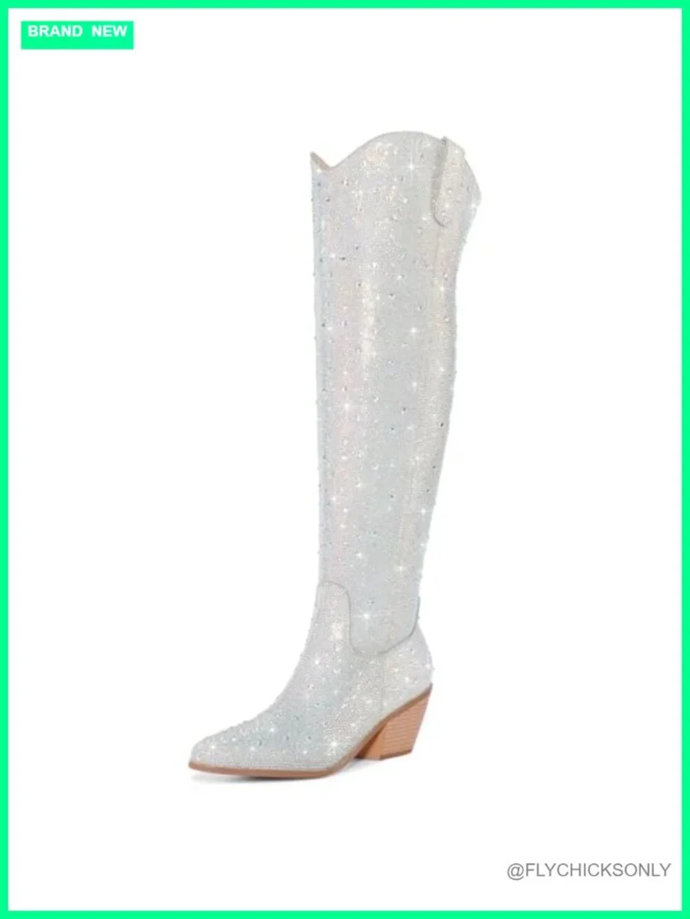 Rhinestone Over the Knee Cowboy Boots Pointed Toe Chunky Heel Western