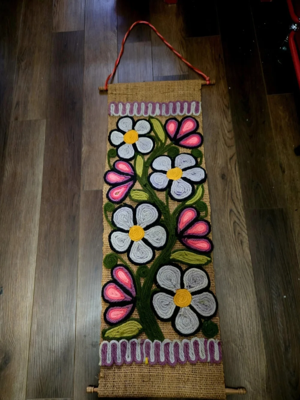 Bohemian Handmade Vintage 1970's Burlap & Yarn Wall Art Hanging Tapestry 38