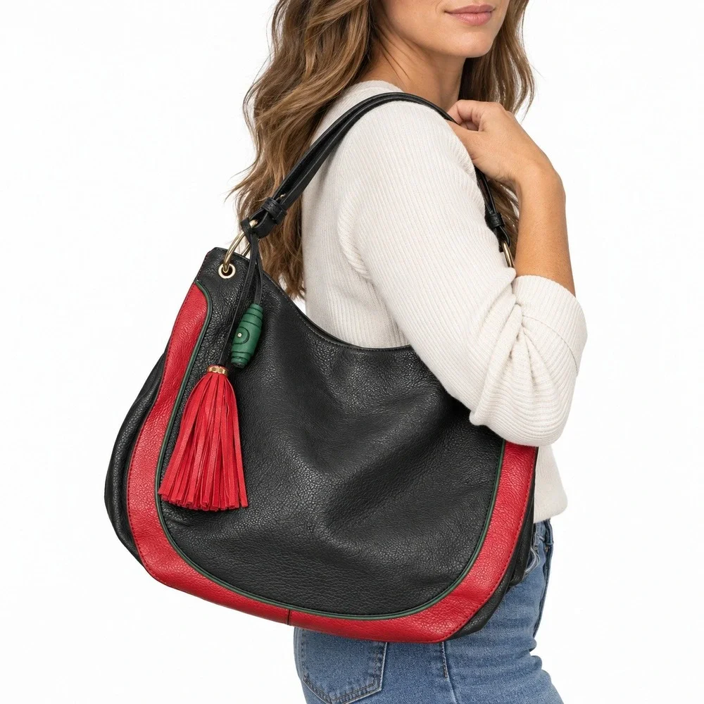 Hobo Bag Women Large Black Red Green Stripe Tassel Vegan Leather