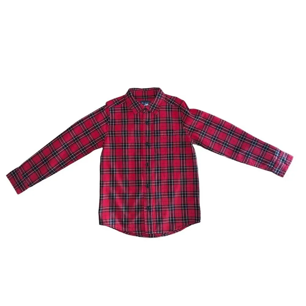 The Children's Place Boys Button Down Shirt M Red Tartan Plaid Holiday Festive