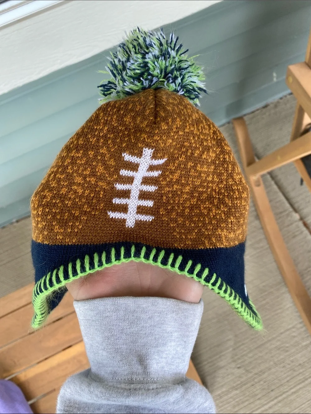 Kids Seahawks Pom Beanie - Navy, Brown, Lime