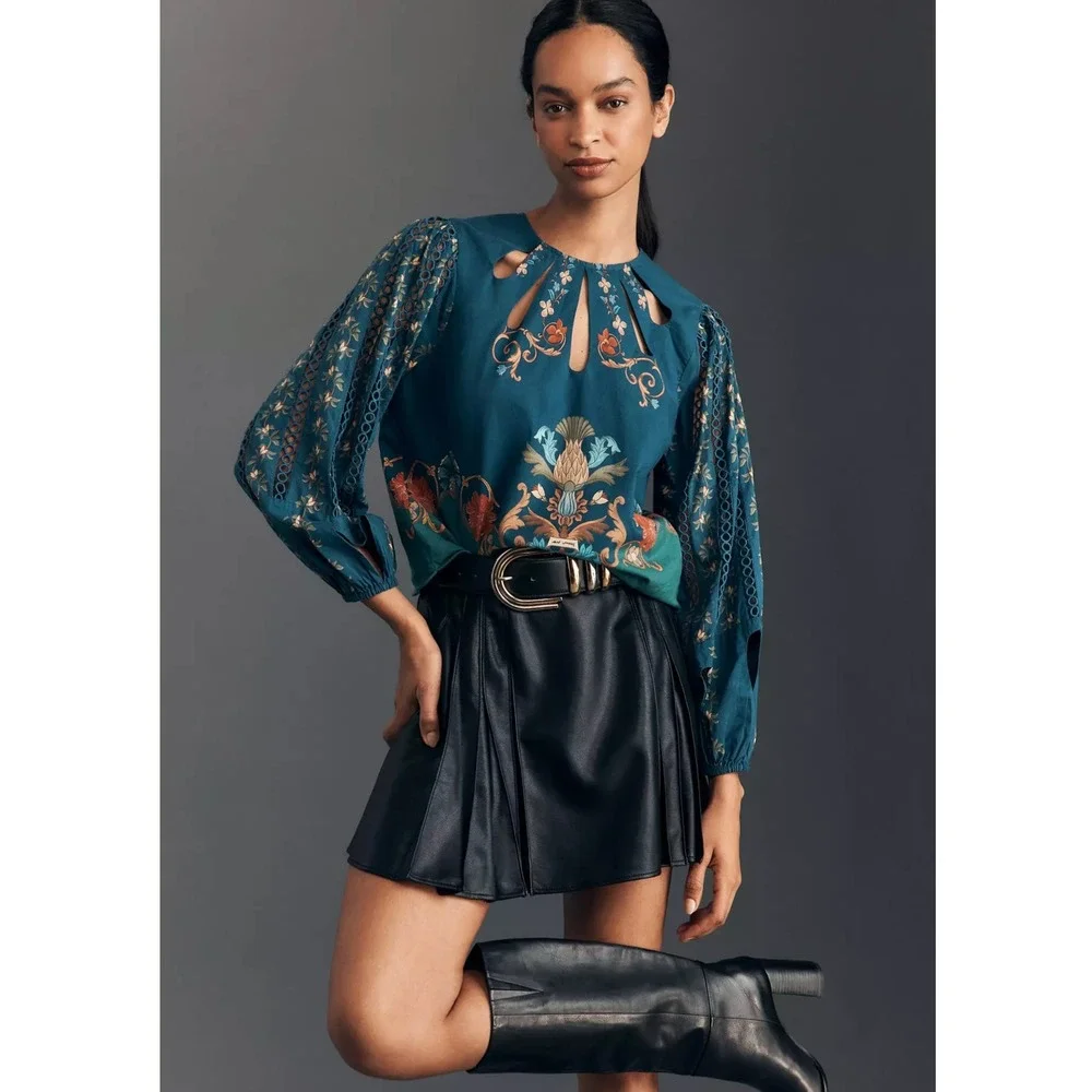 Farm Rio Cutout Blouse M Teal Blue Cutout Boho Peasant Anthropologie Romantic