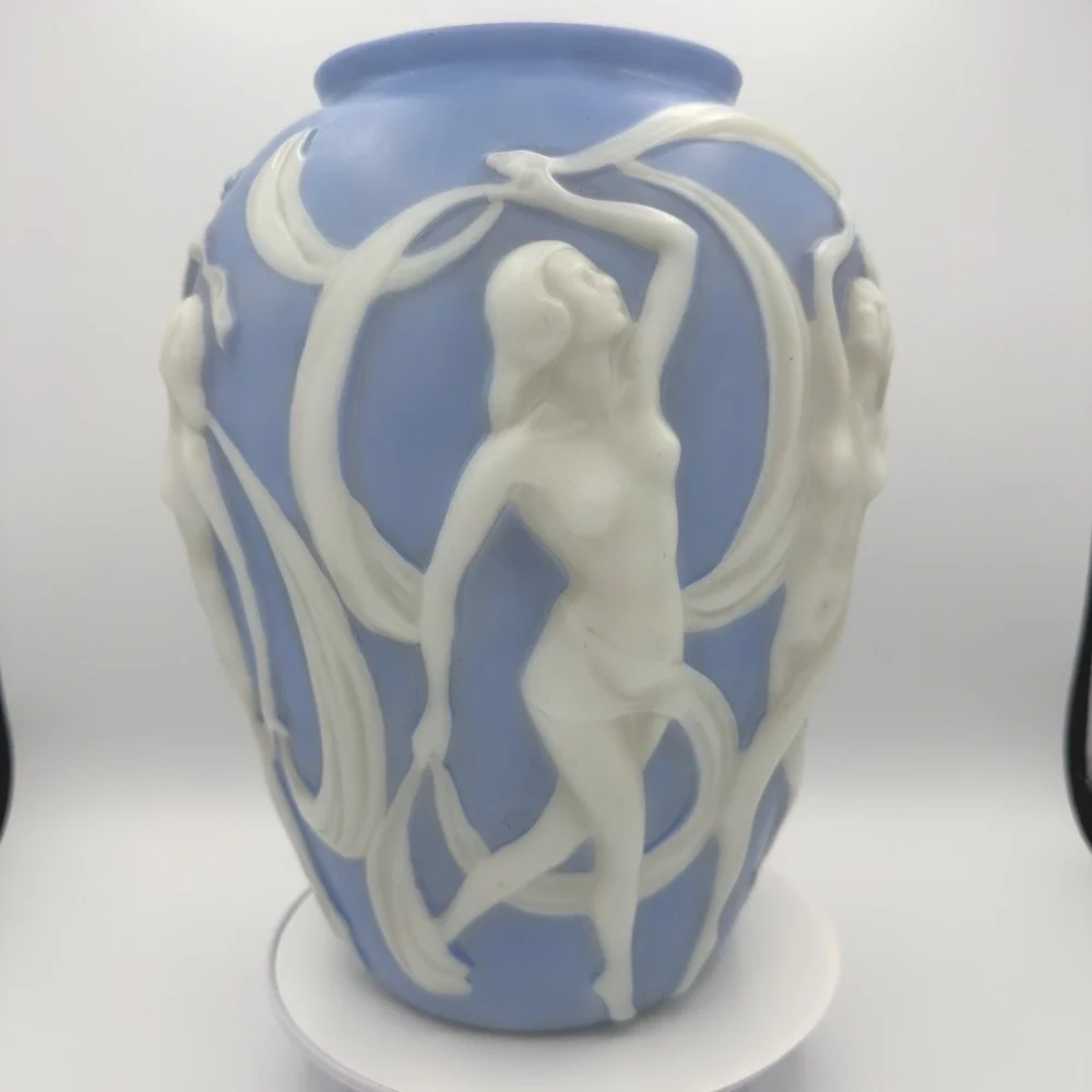 Vintage Phoenix Glass Dancing Ladies Vase Blue White Art Deco Nude Nymph 11.5