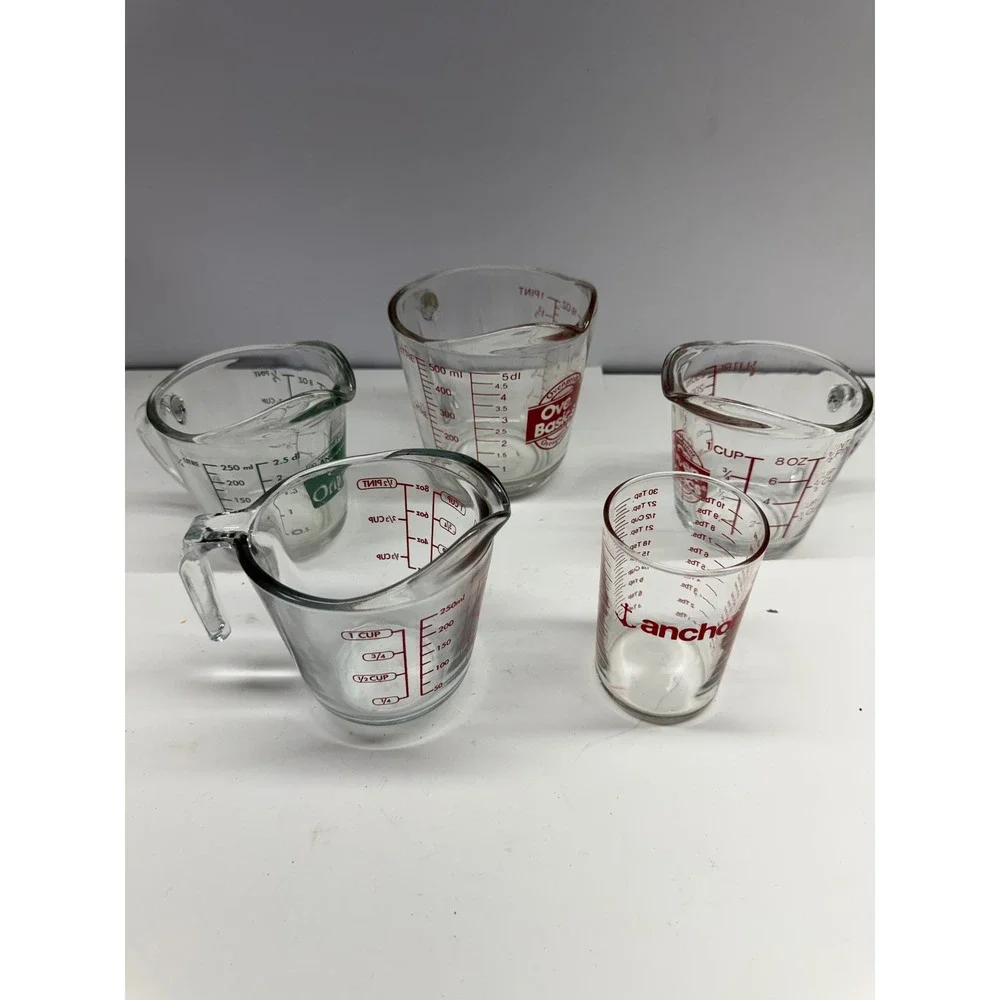 Anchor Hocking Oven Basics Glass Measuring Cup Lot 5pc Assorted Sizes Clear Red