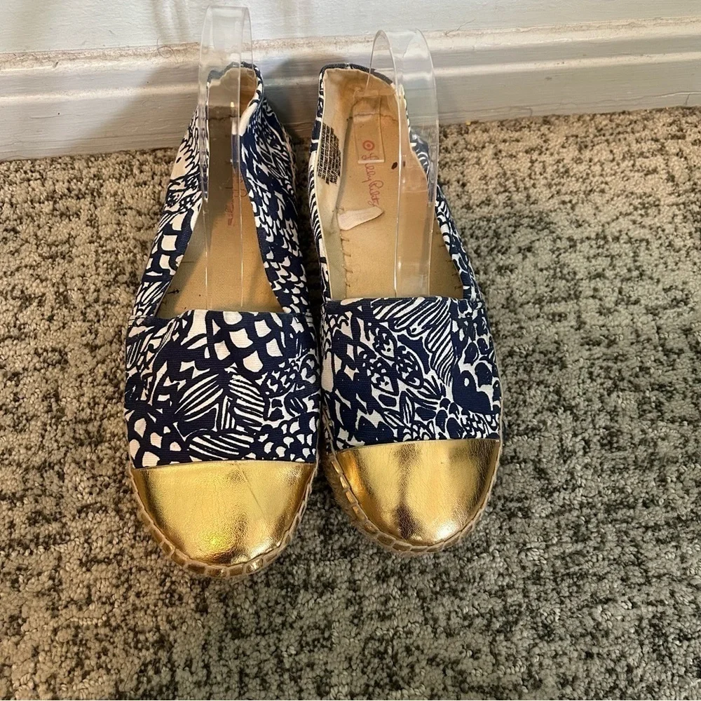 Lilly Pulitzer Blue & White Floral Gold Tip Espadrille Flats Size 9